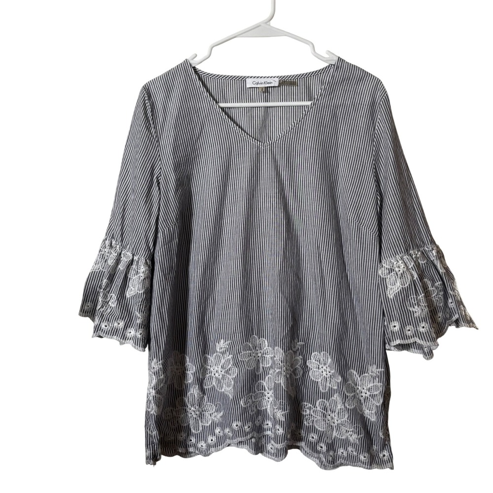 Calvin Klein Women's Blouse Medium Floral Print Striped Ruffle Bell Sleeves
